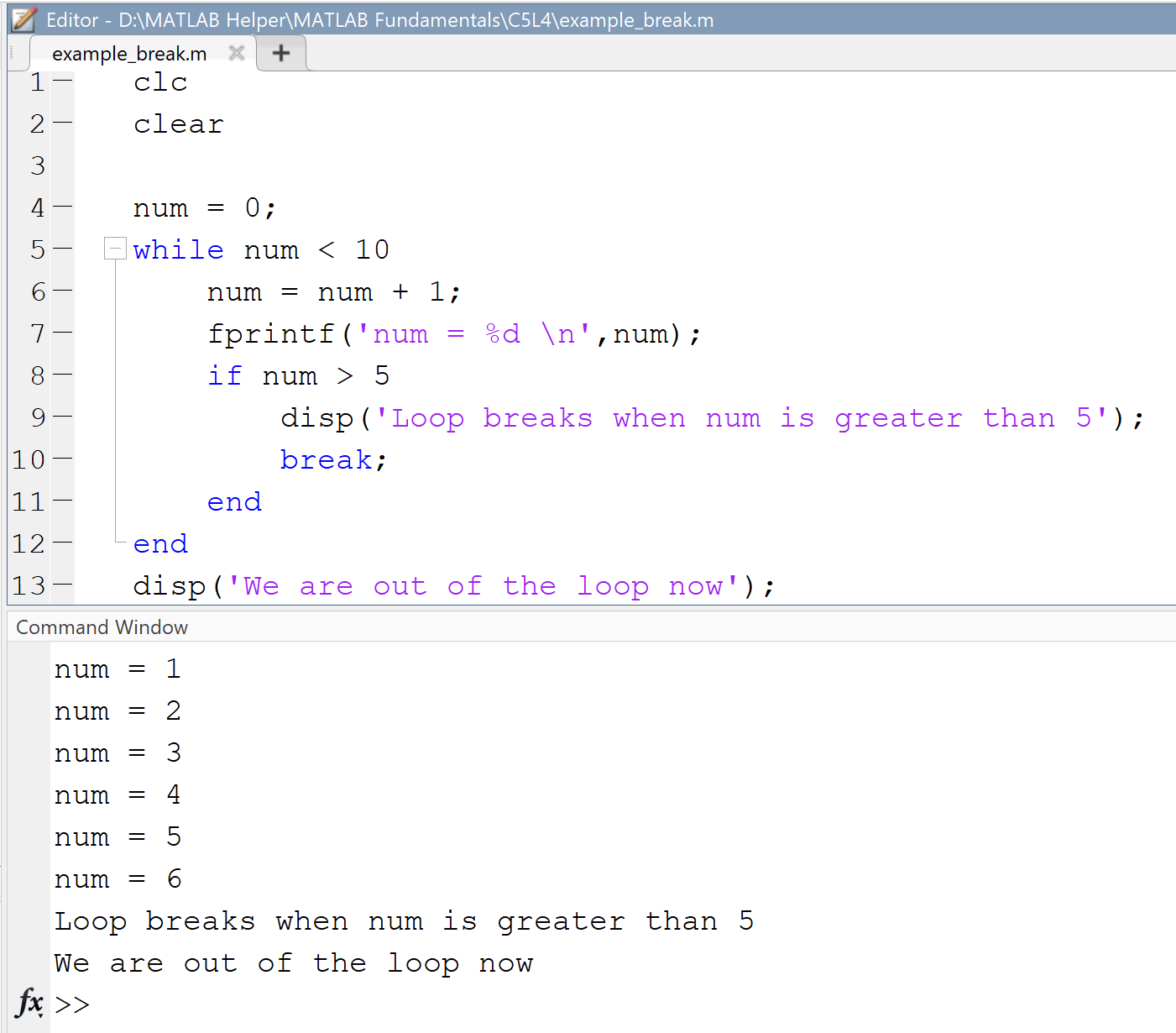 matlab for loop break